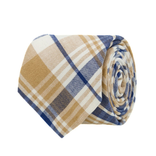 Borlix Classic Beige & Navy Plaid Cotton Neck Tie